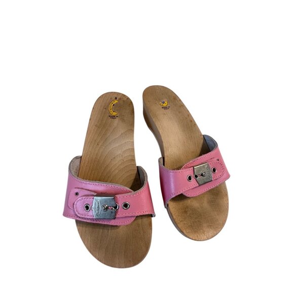 VTG Original Dr. Scholls Wood Sole Slides Sandals Pink Leather 8 Italy Exercise - Picture 1 of 15